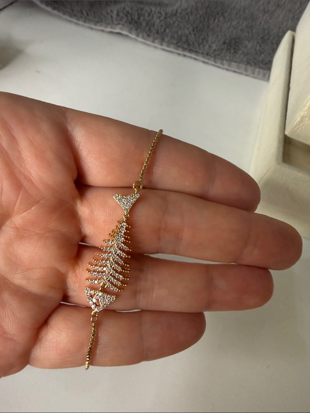 18k Gold Filled Crystal Fishbone Adjustable Bracelet